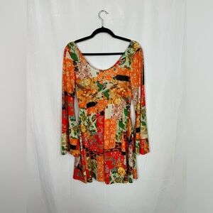 Patchwork 70s style skater dress with sleeves